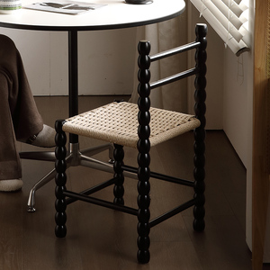 法式绳编奶油风椅子黑色中古实木餐椅靠背设计师复古化妆桌凳家具