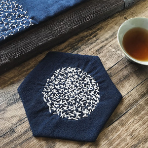 蓝染土布崇明老布手工刺子绣禅意日式棉麻茶席杯垫文艺复古养壶垫