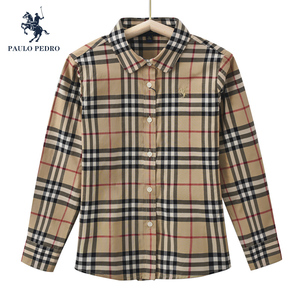 cbba57770保罗正品童装女中童儿童上衣长袖纯棉格子经典大童衬衫