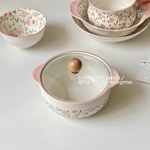 OCHOVENADO粉色桃花陶瓷泡面碗带盖家用汤碗宿舍学生碗碟饭碗汤盘