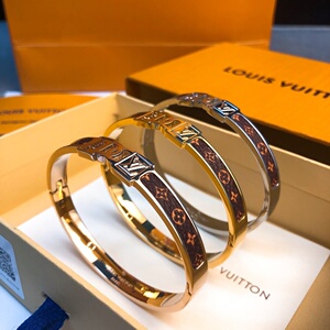 lv经典老花logo 银色金属 开口式手镯 手环