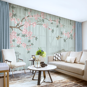 新中式窗帘古风花鸟茶室会客厅风景山水画高档卧室阳台纱帘遮光