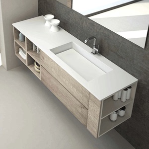 意式白色岩板一体斜面双盆浴室实木柜洗手池人造石洗漱台面洗脸盆