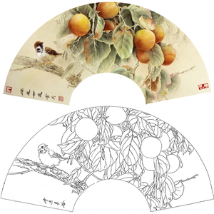 【有步骤】龚雪青工笔画白描底稿柿子麻雀扇形原作大小33*66厘米花鸟