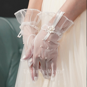 新娘婚纱礼服白色手套蕾丝珍珠亮片手套影楼拍照道具结婚饰品
