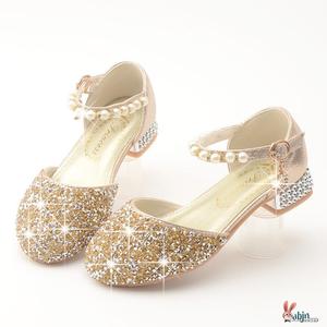 女童公主鞋子礼服银色表演水晶鞋夏季女童高跟鞋模特走秀演出皮鞋