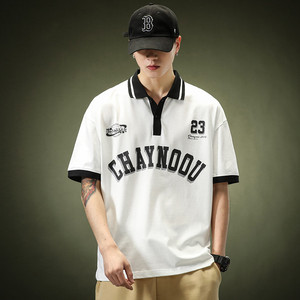 棒球polo衫男夏季宽松大码翻领短袖t恤潮牌字母印花休闲半袖上衣