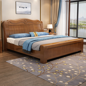 百洛斯橡胶木实木床1.8米双人床现代简约主卧中式卧室高箱储物床