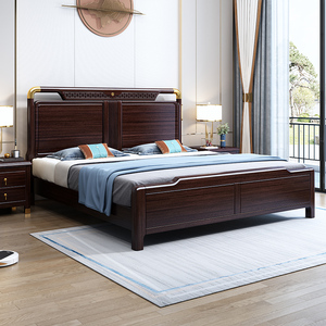百洛斯新中式轻奢胡桃木实木床1.8m双人床现代简约主卧官帽储物床