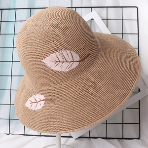 韩版夏天帽子女士平沿防晒树叶简约户外大沿沙滩清凉遮阳草帽