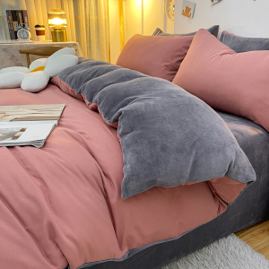 ab面四件套单面绒冬季牛奶绒豆沙色被套加绒床单三件套床笠珊瑚绒