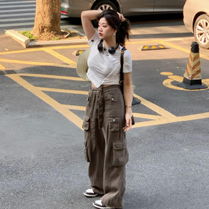 圆大敏【街头板女】夏季胖mm超酷工装裤白色上衣不规则短袖t恤女
