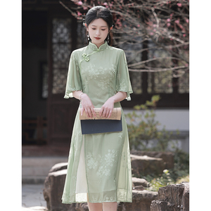 绿色旗袍新中式改良年轻款少女气质新式民国风夏季连衣裙日常可穿