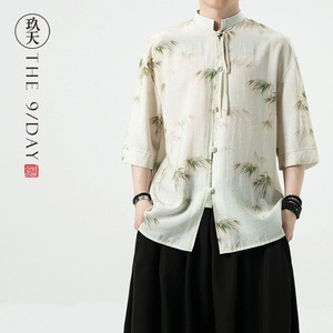 新中式男装夏季冰丝衬衣满身竹图案新国风汉服衬衫设计感高级短袖