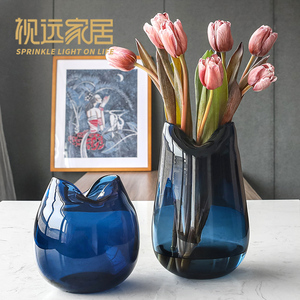 蓝色鲜花玻璃花瓶摆件客厅插花透明北欧创意餐桌网红轻奢水养干花