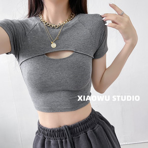 欧美辣妹运动瑜伽爵士跳舞服装上衣大露背胸前开口镂空短袖t恤女