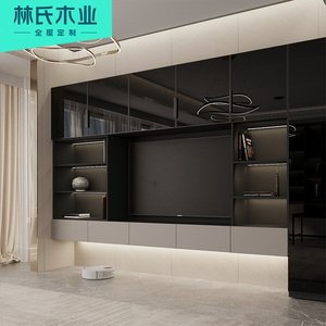 林氏木业全屋定制电视柜多功能玻璃门家居客厅竹木纤维电视背景墙