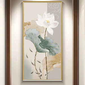 手绘油画新中式客厅入户茶室玄关装饰画国画现代简约禅意荷花挂画