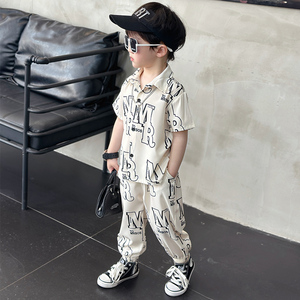 韩国男童夏季衬衫长裤套装2024款帅气时髦宝宝短袖衣服儿童两件套