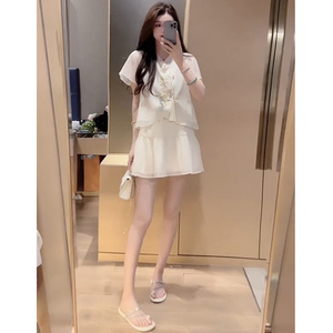 新中式复古国风套装女夏季轻薄重工刺绣雪纺衬衫短裙小个子两件套