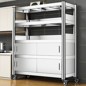 不锈钢厨房置物架落地多层收纳架推拉式橱柜家用多功能柜子储物柜