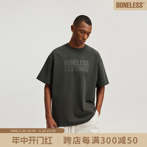 BONELESS基础正反logo厚板印花短袖T恤美式高街男女纯棉夏季tee