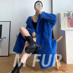 m家正确版本宝蓝色teddy泰迪熊大衣女冬宽松羊羔毛羊绒皮草外套潮
