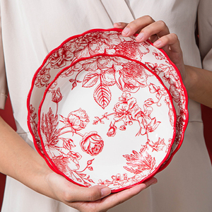 中国风盘子菜盘家用红色喜庆餐盘陶瓷餐具中式深圆盘乔迁新居碗盘