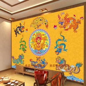 中国风墙纸壁纸彩色九龙图玄关背景龙纹图案16d壁画酒店大堂风水