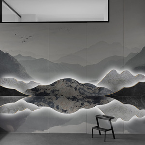 新蒂克山水造型天然石材山形背景墙酒店茶室售楼部大型立体背景墙