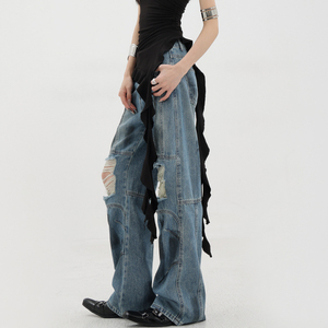 KENH美式复古做旧脏染废土风破洞阔腿牛仔裤女拼接设计垂感拖地裤
