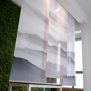 定制中式山水画风景卷帘窗帘卷拉式升降办公室遮光遮阳免打孔电动