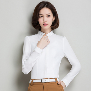 保罗女士小领白衬衫女长袖韩范职业韩版修身显瘦白色衬衣秋装女装