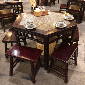 实木六角桌仿古家具大理石镶嵌酒店饭店面馆桌子南京大牌档桌椅
