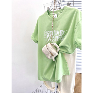 绿色t恤女短袖2024爆款夏季纯棉半袖设计感薄荷曼波风宽松上衣