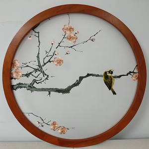 定制屏风画布双面刺绣圆形图案新中式玄关装饰画山水风景植物图