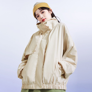 以纯秋冬2020年新款女装梭织磨毛宽松立领抽绳长袖开胸夹层外套