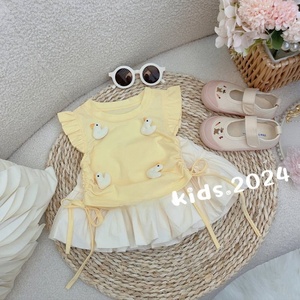 2024年夏季新款可爱童趣立体卡通飞飞袖辣妹T套装黄色小花鸭可爱