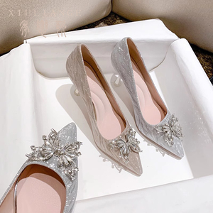 婚鞋女银色主婚纱高跟鞋结婚鞋水晶鞋细跟水钻香槟金色礼服伴娘鞋