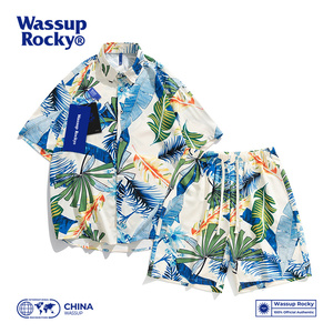 WASSUP夏威夷风冰丝短袖花衬衫短裤套装男女度假宽松休闲沙滩衬衣