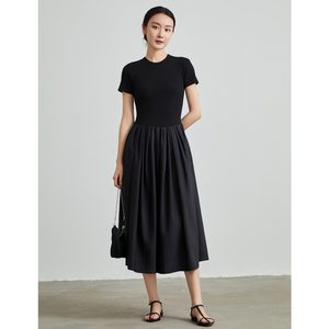 黑色连衣裙女2024新款夏季针织拼接收腰显瘦气质小黑裙高级感长裙