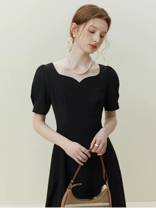 范思恩蓝法式连衣裙女夏季2023新款气质收腰长裙小黑裙