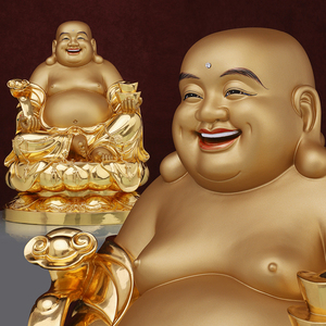 台湾纯铜弥勒佛菩萨大肚笑佛招财摆件家用客厅开心笑佛金佛像摆件
