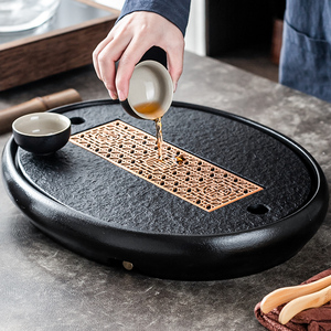 乌金石茶盘家用陶瓷蓄水式托盘小型石头茶海现代简约干泡台沥水盘