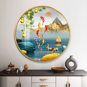 九鱼聚财图11玄关装饰画挂画客厅牡丹九鱼图入户竖版荷花九尾锂鱼