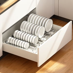 可伸缩厨房橱柜抽屉内置物架免安装不锈钢放碗碟架沥水碗盘收纳架