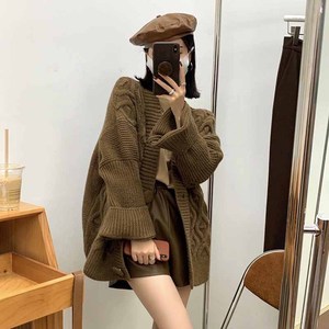 the lemon麻花加厚v领保暖中长款开衫毛衣秋冬新品粗毛线羊毛衫女