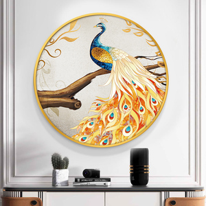 轻奢圆形装饰画led发光孔雀图客厅背景墙挂画入户玄关餐厅壁画