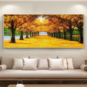 新中式发财树客厅装饰画聚宝盆风水挂画风景油画山水画沙发墙壁画