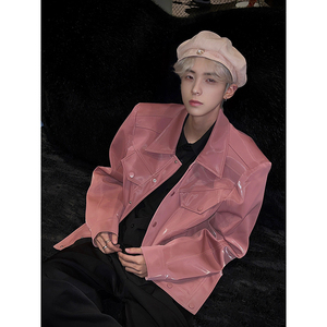 欧美高街hiphop外套男潮高级感粉色亮面PU皮衣夹克设计感小众上衣